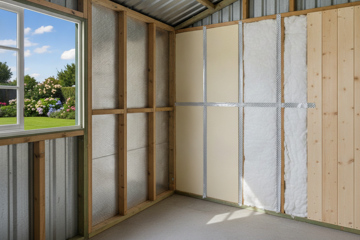 Abri de jardin en métal avec isolation thermique visible à l'intérieur, comme des couches de matériau isolant.
