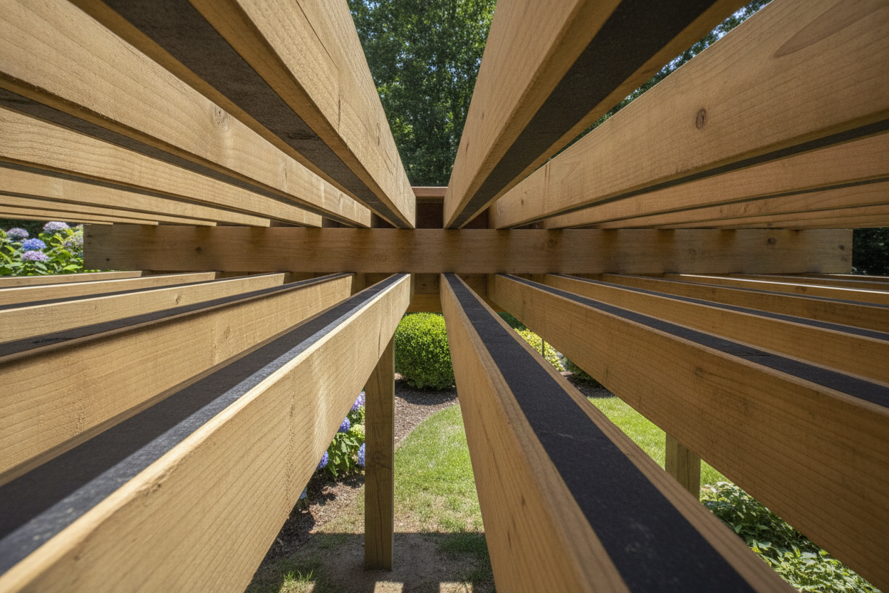 Une terrasse en bois fraîchement posée, mettant en avant les lambourdes et bandes de protection.