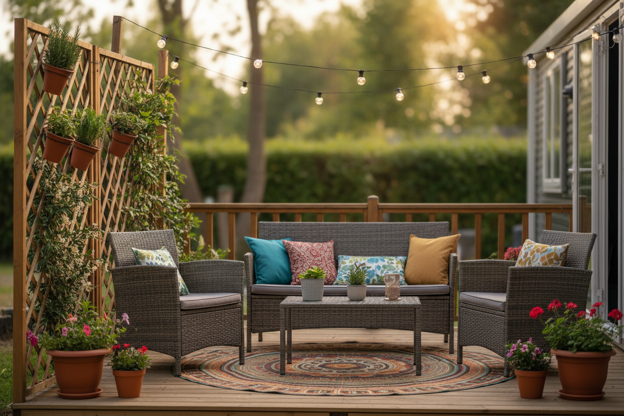 Terrasse de mobil-home décorée avec salon en rotin, tapis extérieur, guirlande solaire et plantes aromatiques.