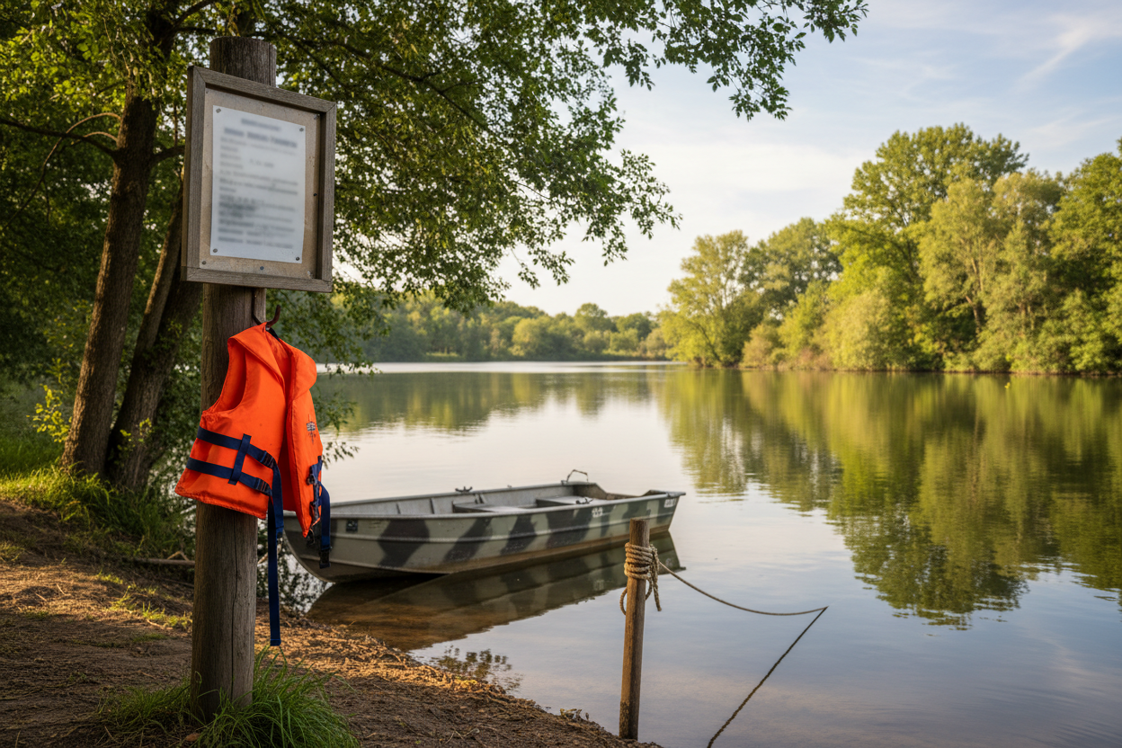 Panneau de réglementation au bord d'un lac de pêche privé avec gilet de sauvetage et barque amarrée.