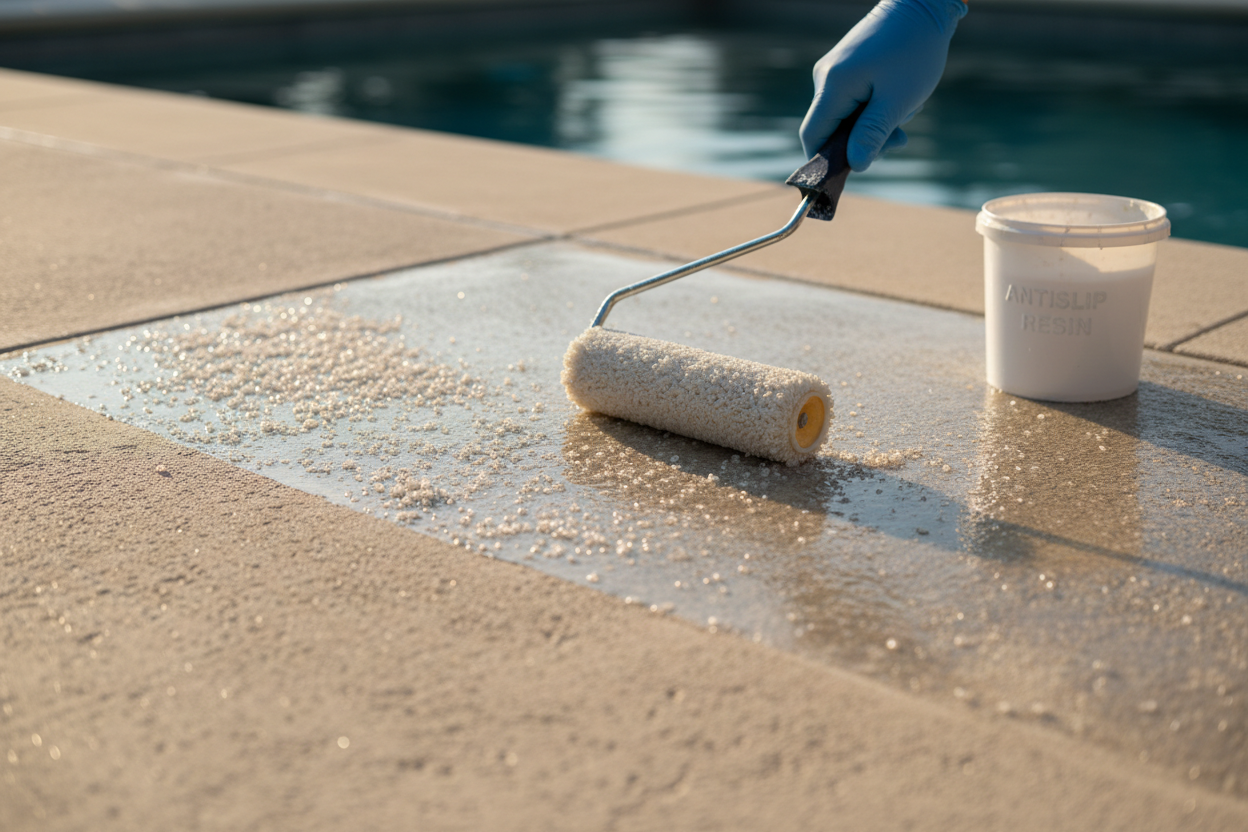 Application au rouleau d'une résine antidérapante sur une plage de piscine en béton existante.
