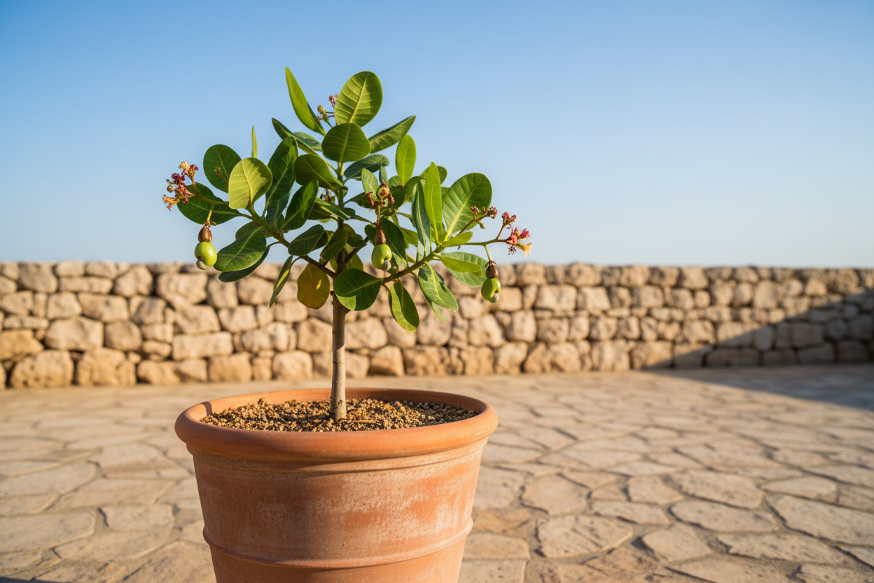 Anacardier cultivé en grand pot sur une terrasse ensoleillée, dans un substrat drainant adapté à ses besoins en chaleur.