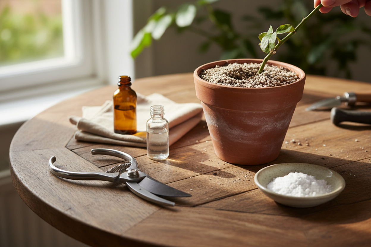 Matériel de bouturage de rosier disposé sur une table : sécateur, substrat sableux, poudre d'hormones d'enracinement.