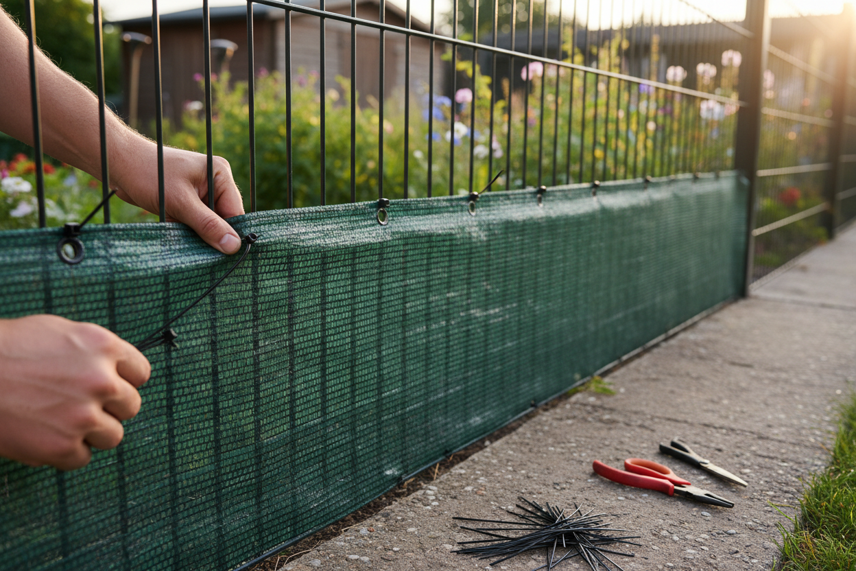 Fixation d'un brise-vue en toile verte sur grillage de jardin avec des colliers plastique.