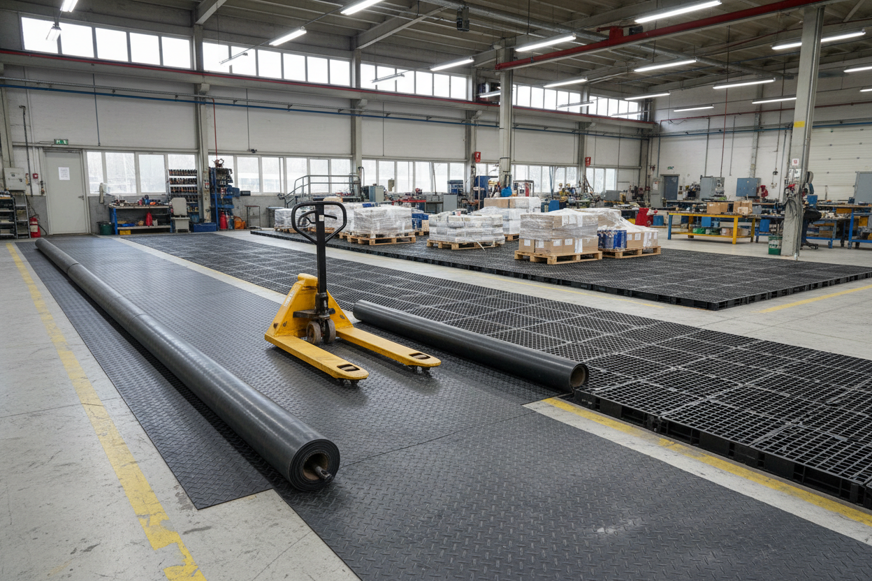 Rouleaux de tapis industriel en plastique déployés dans un atelier pour sécuriser les allées de circulation et protéger les sols.