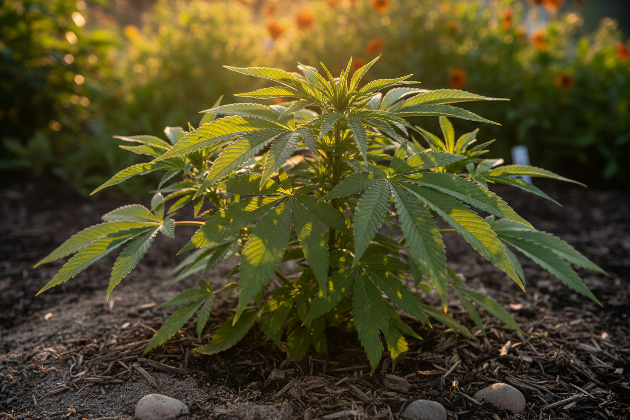 Plant de cannabis sativa recevant une lumière naturelle dorée dans un sol drainant et bien entretenu.