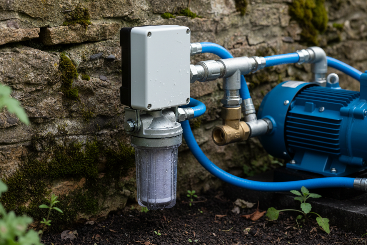 Pressostat, clapet anti-retour et pré-filtre montés sur un système de pompe jardin en situation réelle.