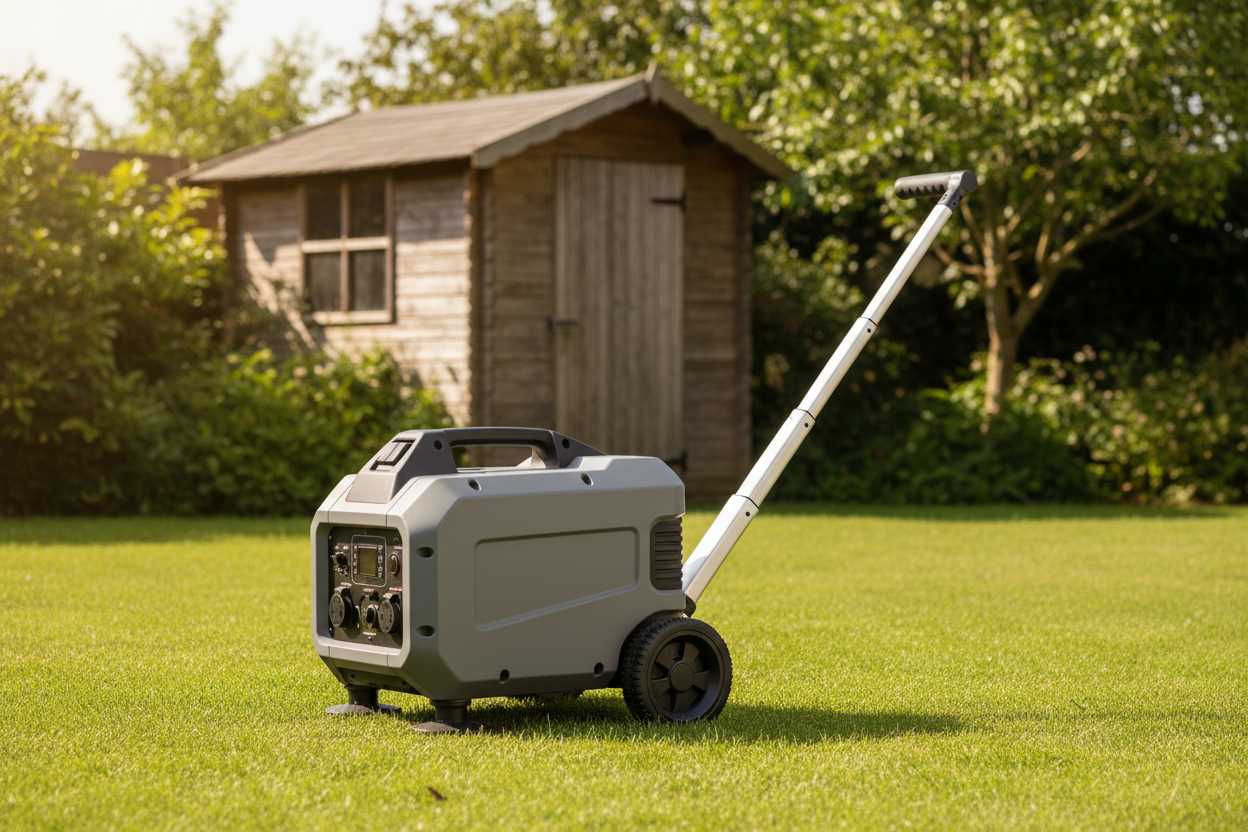 Groupe électrogène compact sur roulettes posé sur une pelouse de jardin résidentiel, modèle capoté insonorisé.