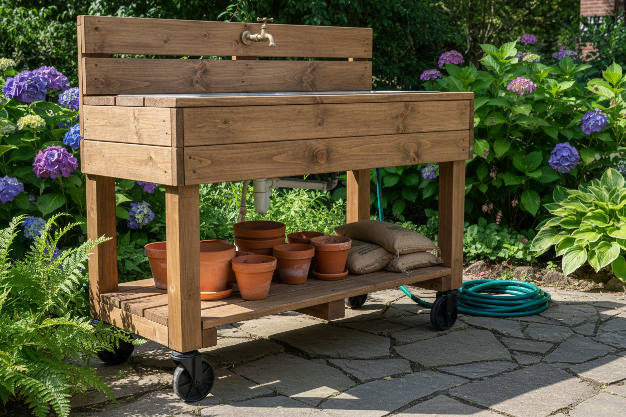 Meuble évier de jardin en bois de palettes récupérées, monté sur roulettes avec étagères de rangement basses.