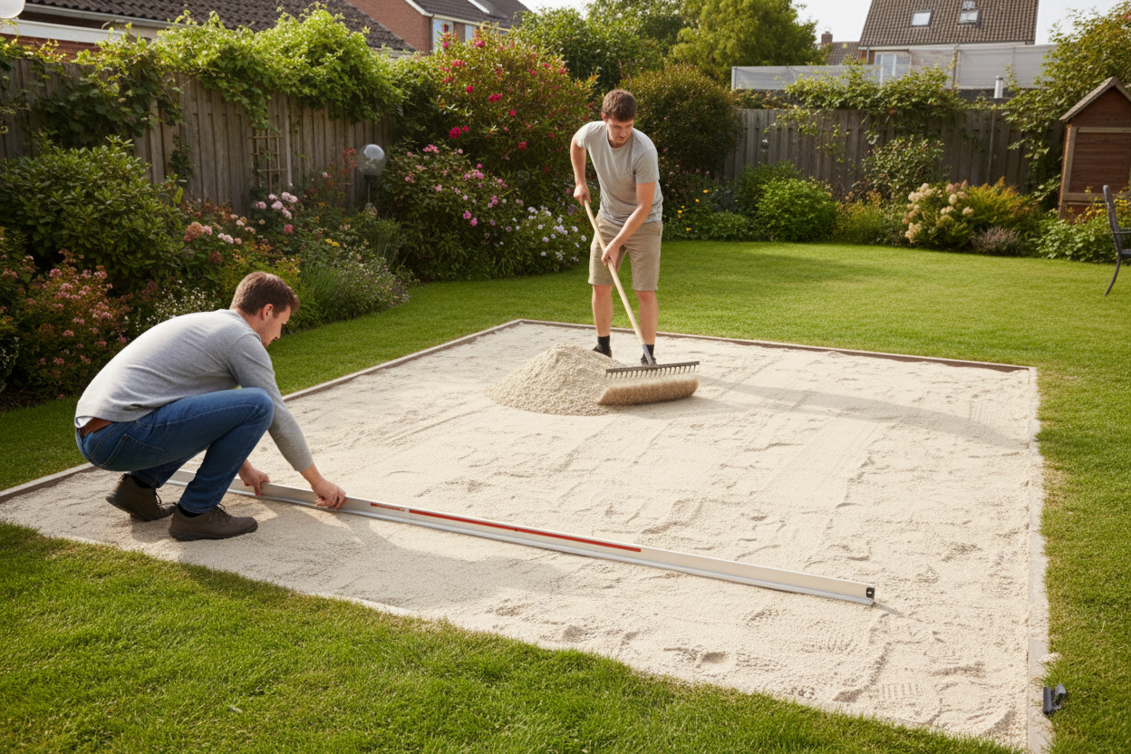 Préparation et mise à niveau du terrain sableux avant l'installation d'une piscine tubulaire rectangulaire dans un jardin.