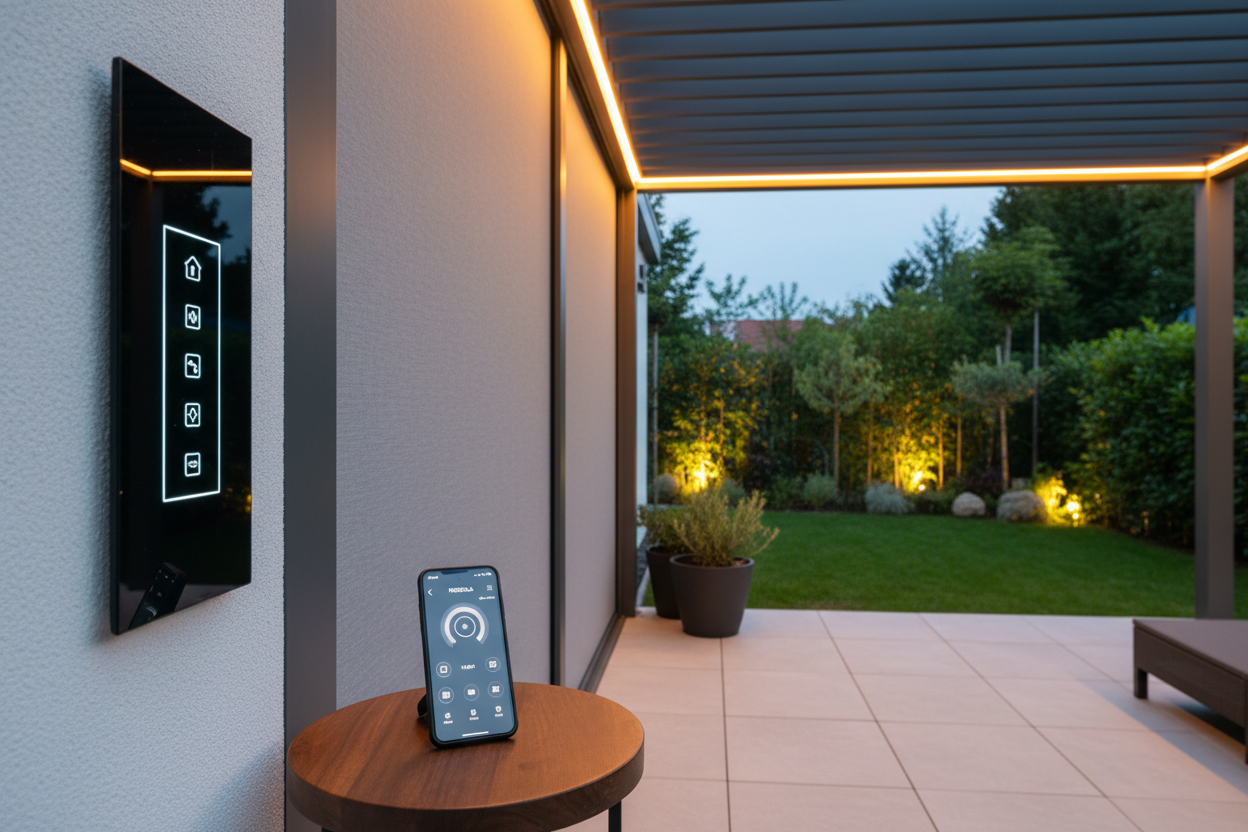Pergola bioclimatique équipée de stores ZIP motorisés et d'un éclairage LED intégré pilotables via smartphone.