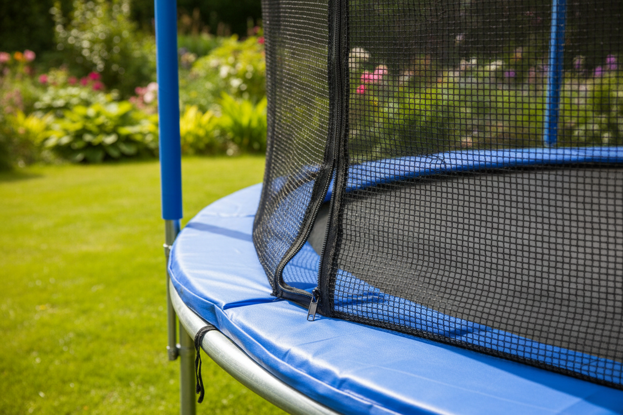 Filet de protection tendu sur un trampoline de jardin avec coussins épais recouvrant les ressorts métalliques.