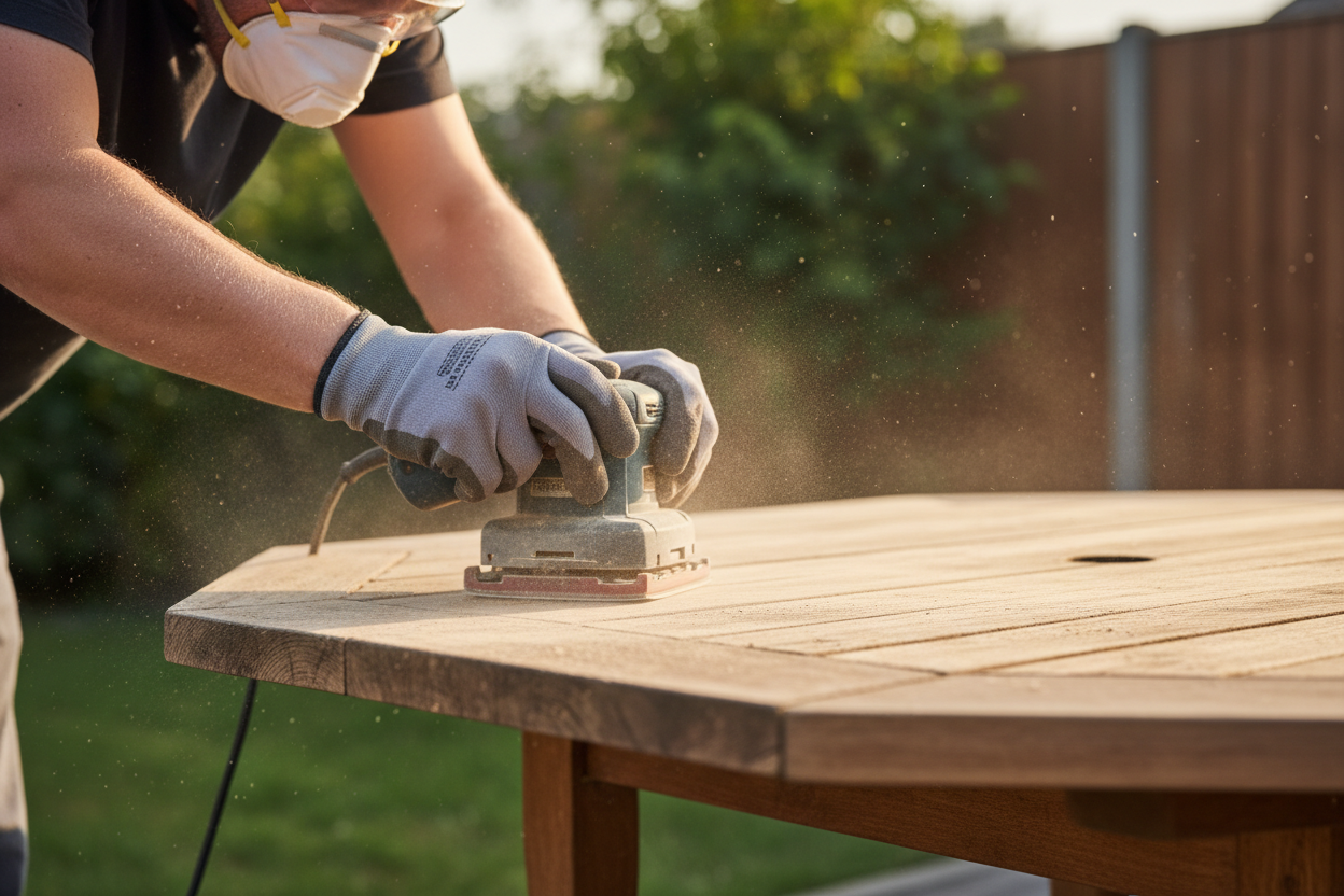 Mains guidant une ponceuse parallèlement aux fibres du bois sur une table de jardin en cours de rénovation.