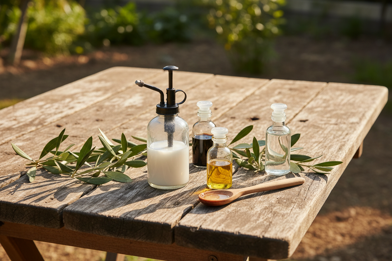 Préparation d'un traitement naturel maison contre les cochenilles avec savon noir, huile végétale et alcool.