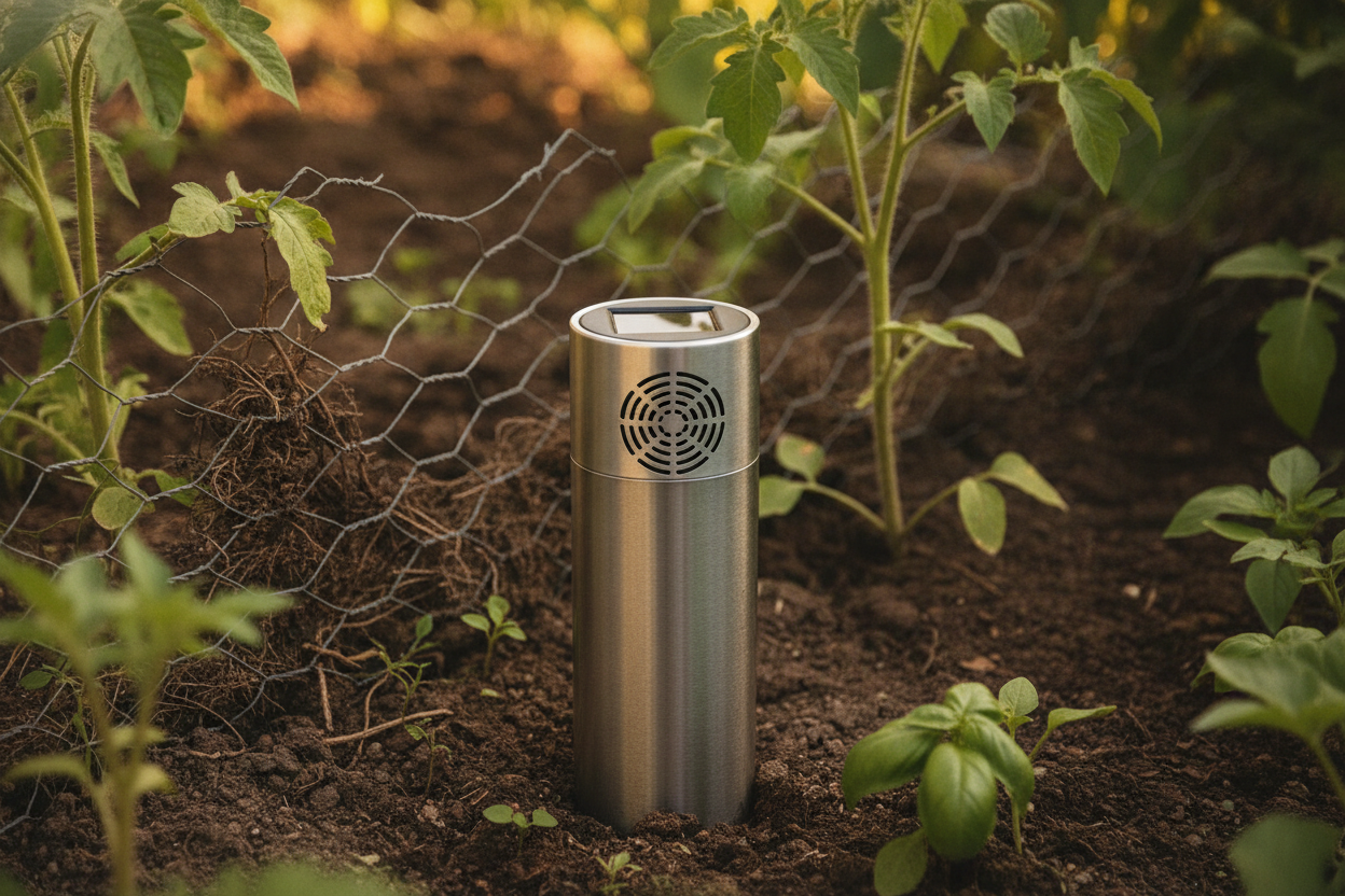 Borne à ultrasons solaire plantée dans un potager pour éloigner les taupes par vibrations du sol.