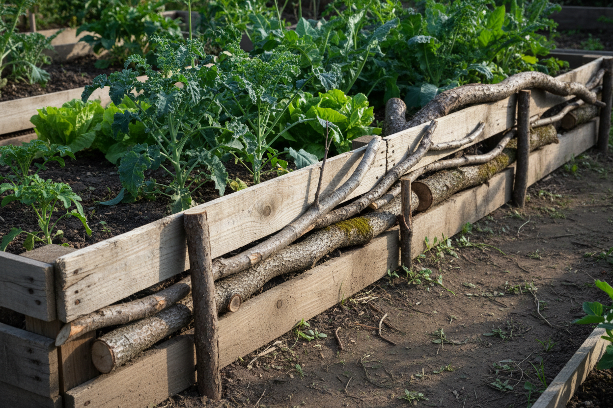 Bordure de potager faite de planches de palettes récupérées et de branches naturelles posées au sol.