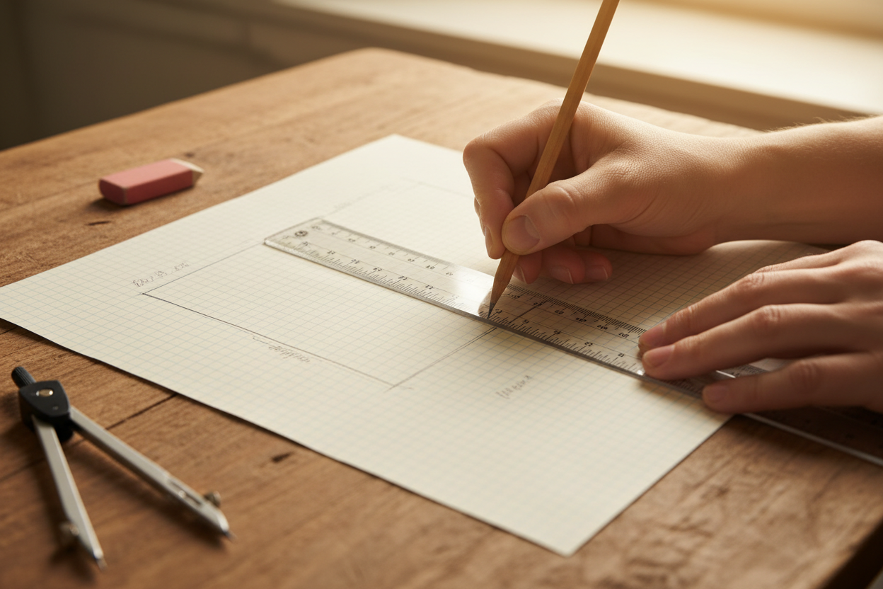 Des mains tracent au crayon un plan de clôture de jardin sur papier millimétré avec une règle.