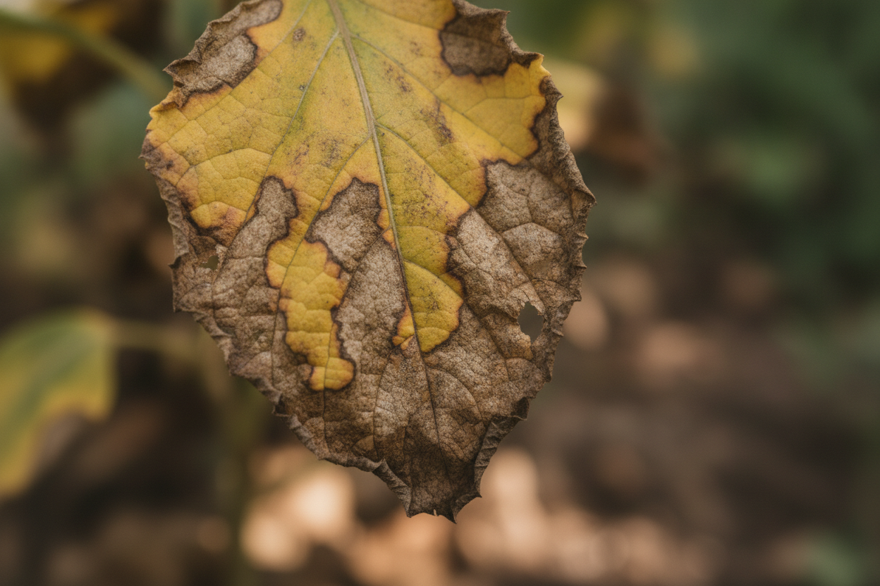 Feuille de plante présentant des brûlures et taches brunâtres dues à un surdosage en pulvérisation foliaire.