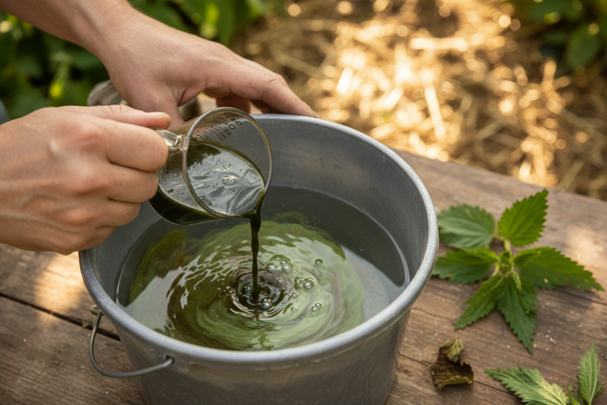 Mains préparant la dilution de purin d'ortie dans un seau d'eau au jardin, dosage précis.