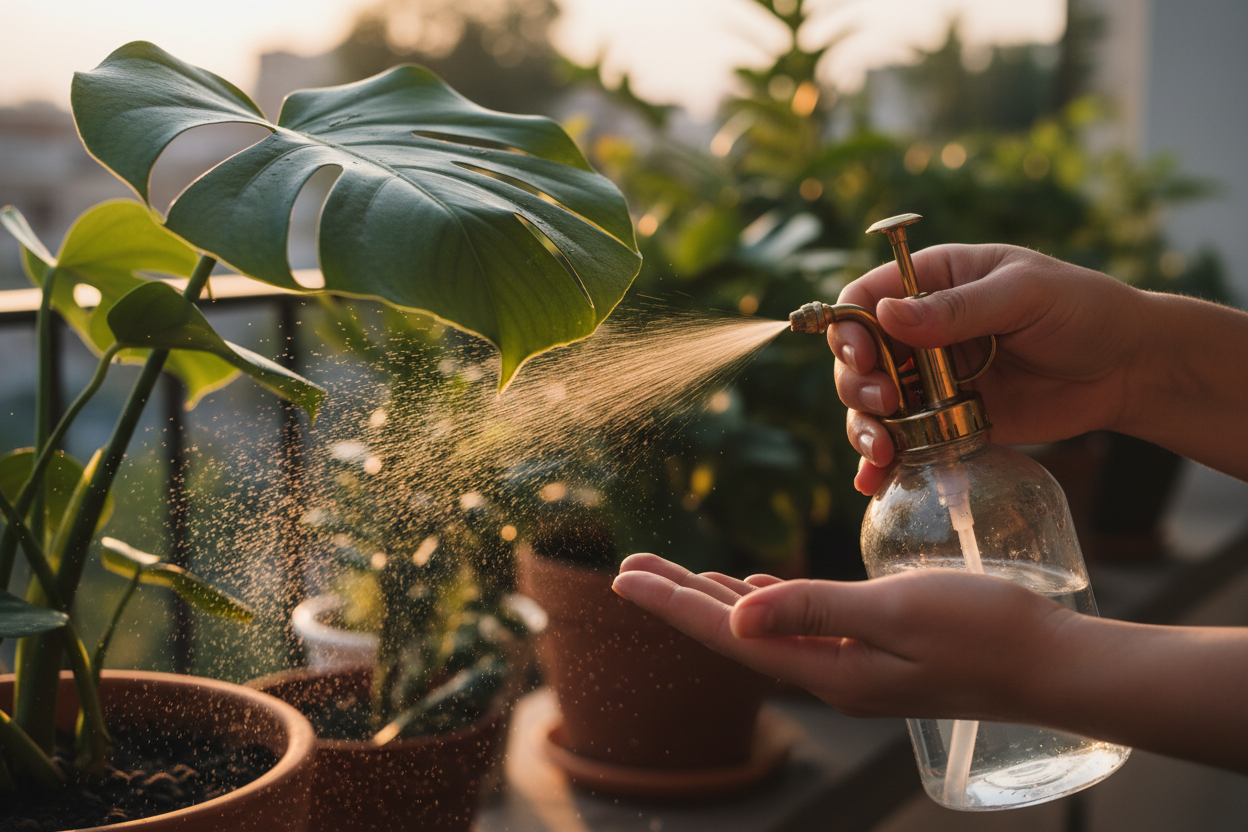 Pulvérisation de solution insecticide sur l'envers des feuilles d'une plante en fin de journée.