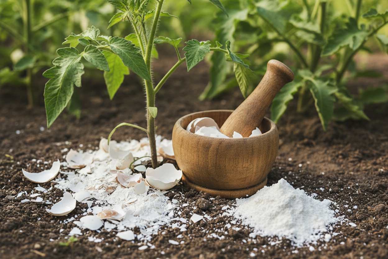 Coquilles d'œufs broyées en poudre fine au pied d'un plant de tomates pour apporter du calcium.