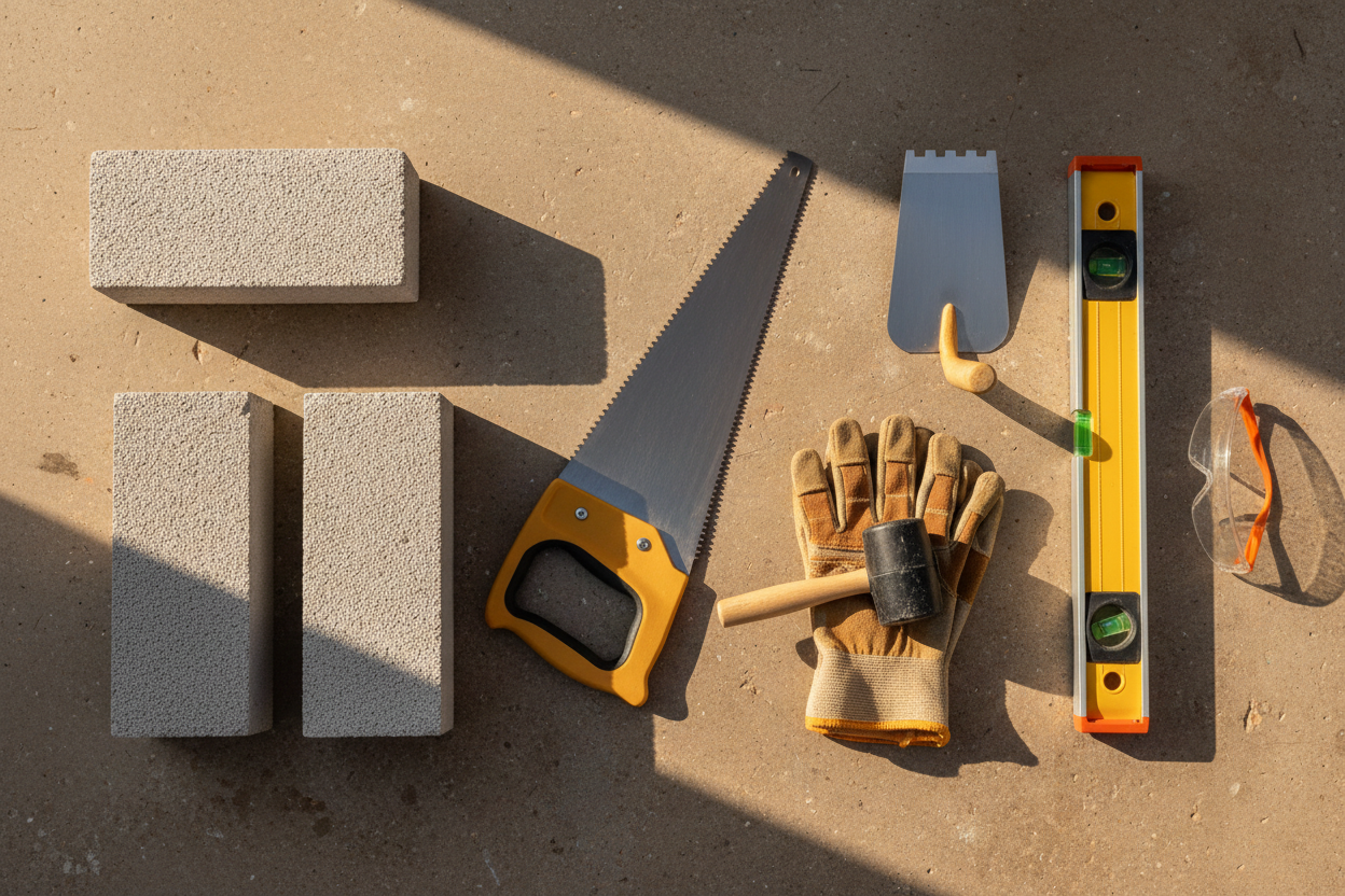Outils de maçonnerie et blocs de béton cellulaire disposés sur une surface pour construire une cuisine extérieure.