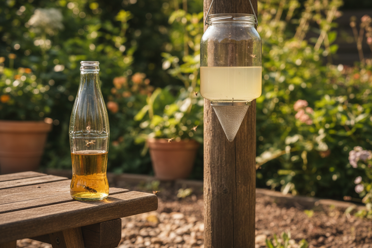 Deux pièges artisanaux placés dans un jardin, comparant les dispositifs pour guêpes et frelons asiatiques.