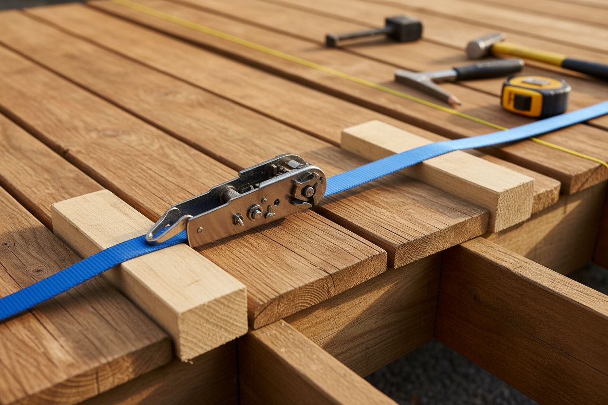 Sangle à cliquet utilisée pour redresser des lames de terrasse courbées, avec cales protectrices en bois.