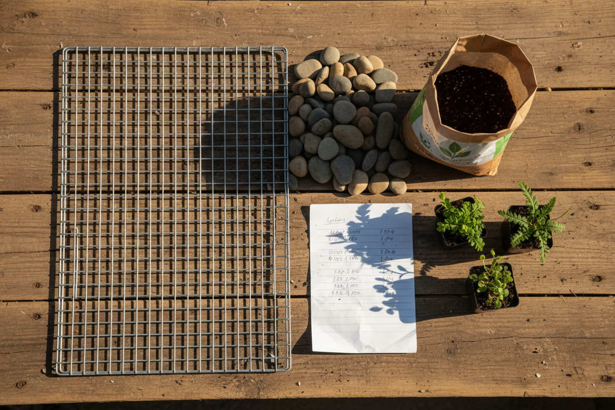 Matériaux d'un gabion végétalisé disposés sur une table : treillis métallique, pierres, substrat et plants en godets.