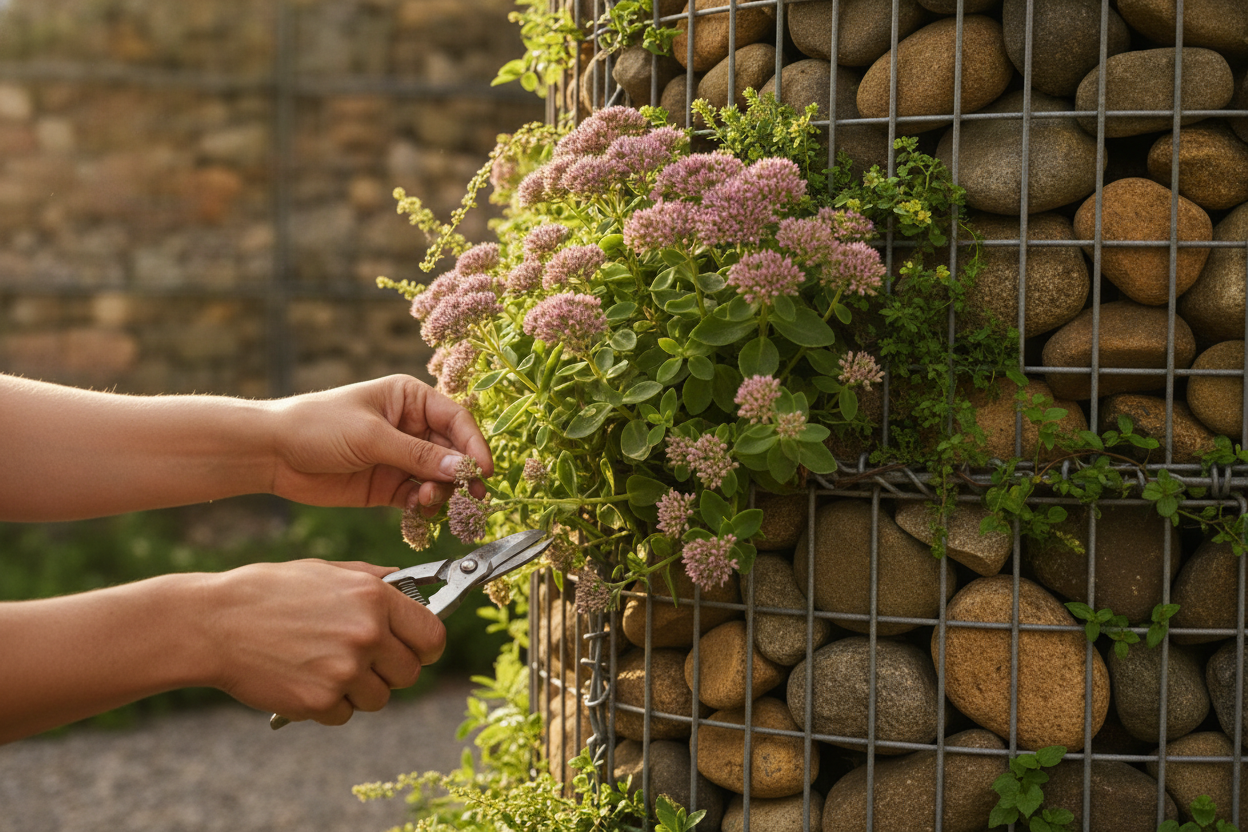 Mains entretenant les plantes d'un gabion végétalisé en taillant délicatement la végétation au printemps.