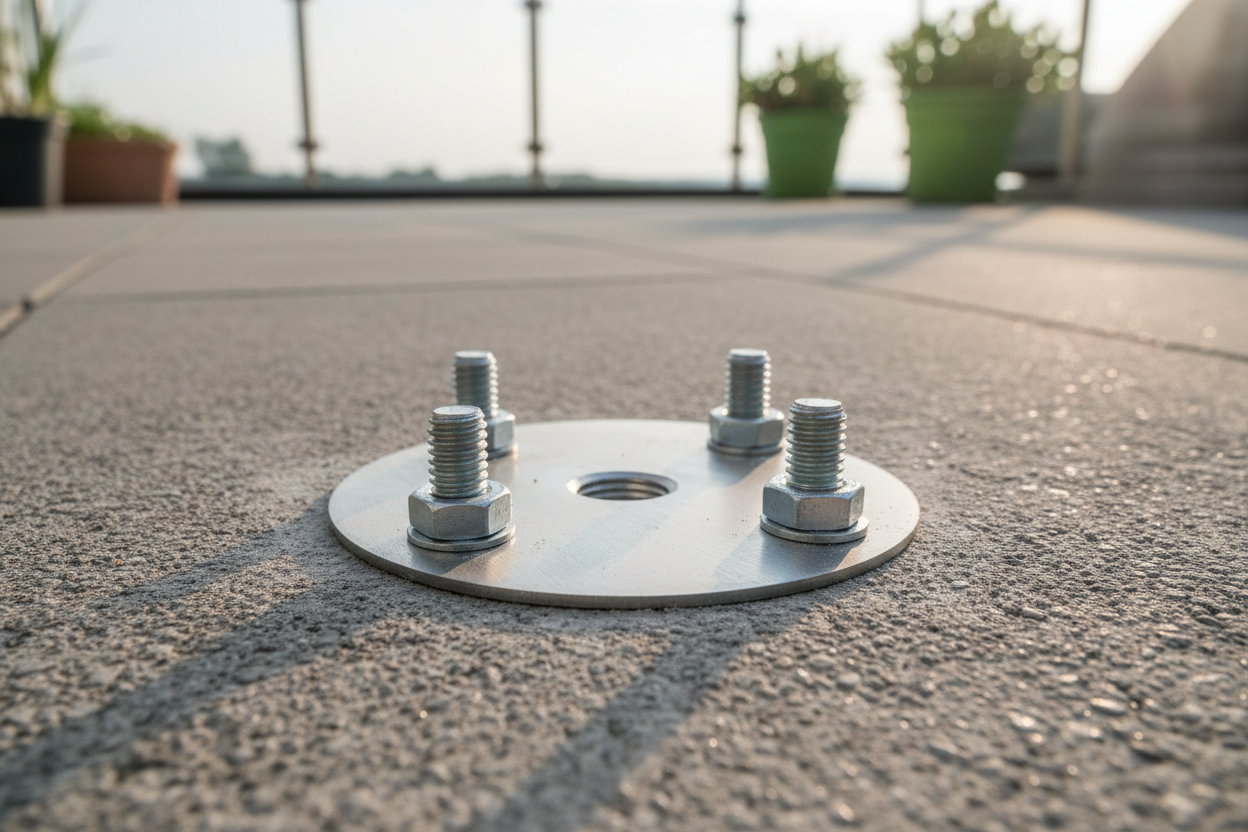 Fixation d'un poteau de garde-corps par platine métallique boulonnée sur une dalle béton de terrasse.