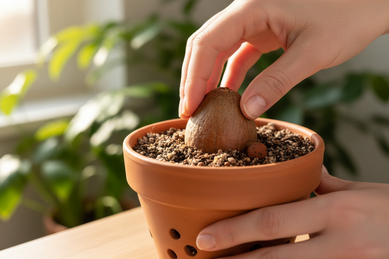 Rempotage d'un noyau d'avocat dans un pot en terre cuite avec un substrat de terreau et sable.