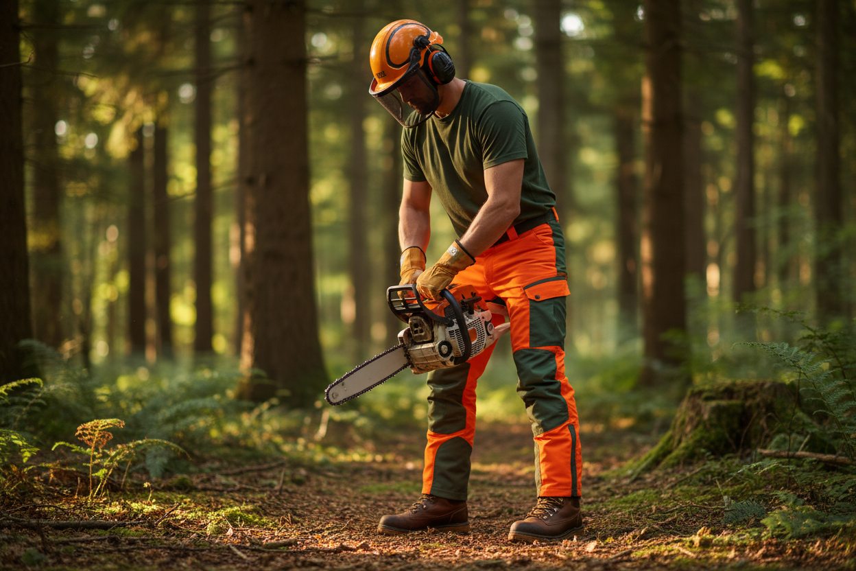 Bûcheron équipé de protections complètes tenant une tronçonneuse à deux mains en forêt.