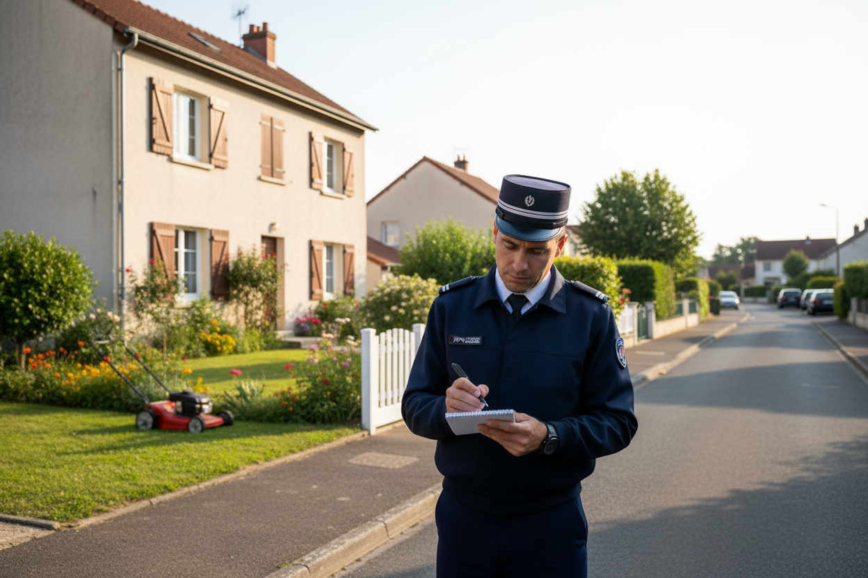 Un policier municipal dresse un procès-verbal devant une maison avec une tondeuse visible dans le jardin.
