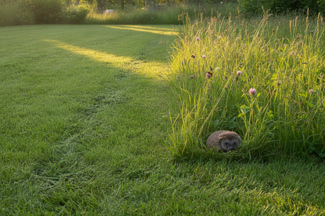 Zone de jardin avec herbe haute laissée sauvage pour protéger les hérissons et insectes pollinisateurs.