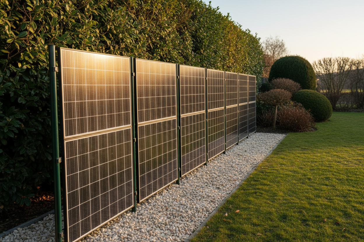 Clôture photovoltaïque verticale exposée au soleil hivernal bas, avec graviers clairs réfléchissants au pied des panneaux.
