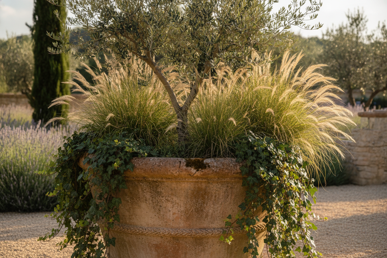 Grand pot de jardin rempli d'un olivier, de graminées ondulantes et de lierre retombant sur les parois.