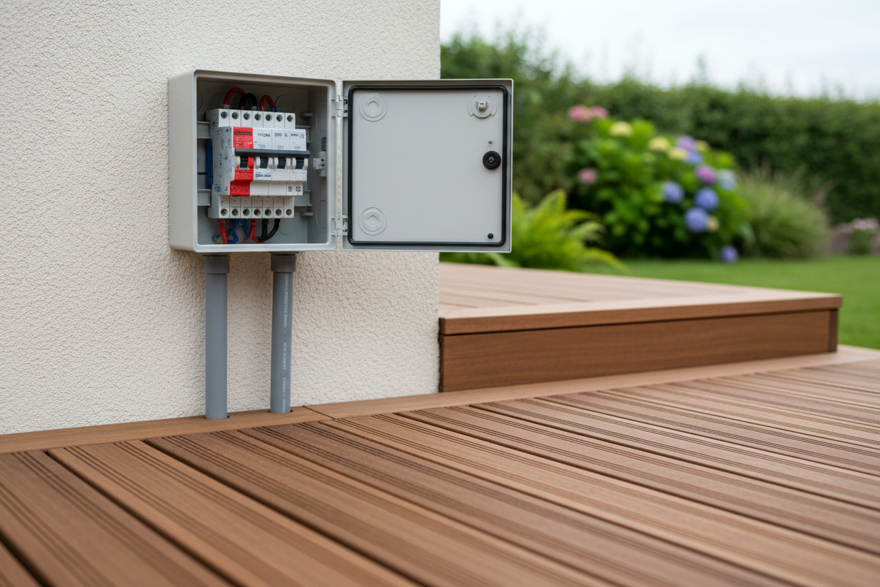 Tableau électrique dédié avec disjoncteur différentiel 30 mA installé près d'un spa extérieur sur terrasse bois.