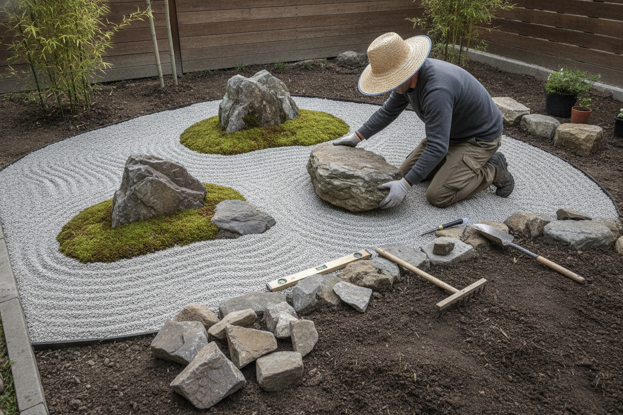 Aménagement d'un jardin japonais à domicile avec positionnement de pierres sur un sol préparé avec gravier et mousse.