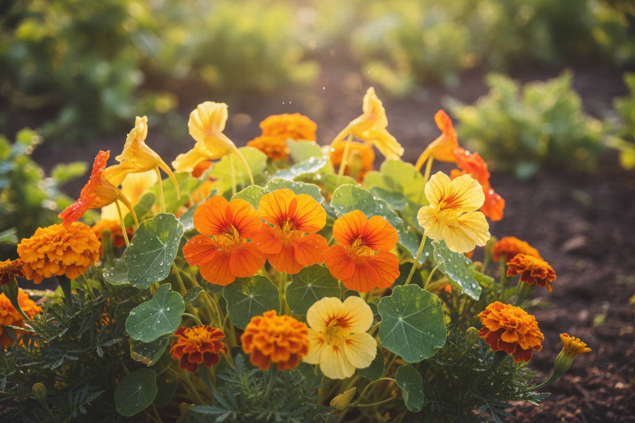 Capucines et soucis d'Inde en fleurs plantés en bordure de potager comme plantes compagnes des tomates.