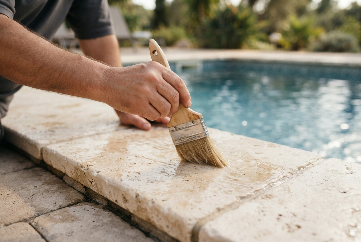 Application d'un produit hydrofuge sur une margelle en travertin clair au bord d'une piscine.