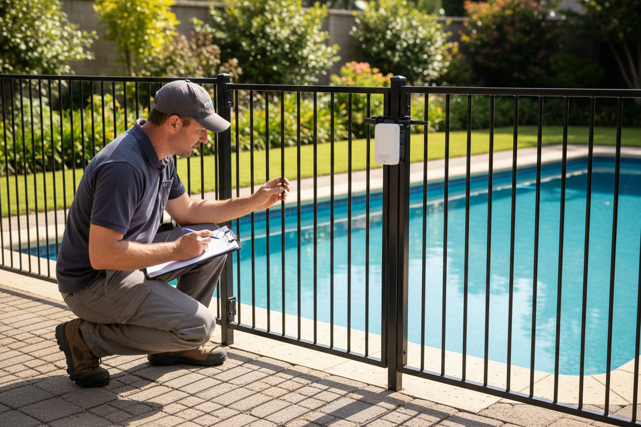 Un diagnostiqueur professionnel inspecte le dispositif de sécurité d'une piscine privée lors d'une transaction immobilière.