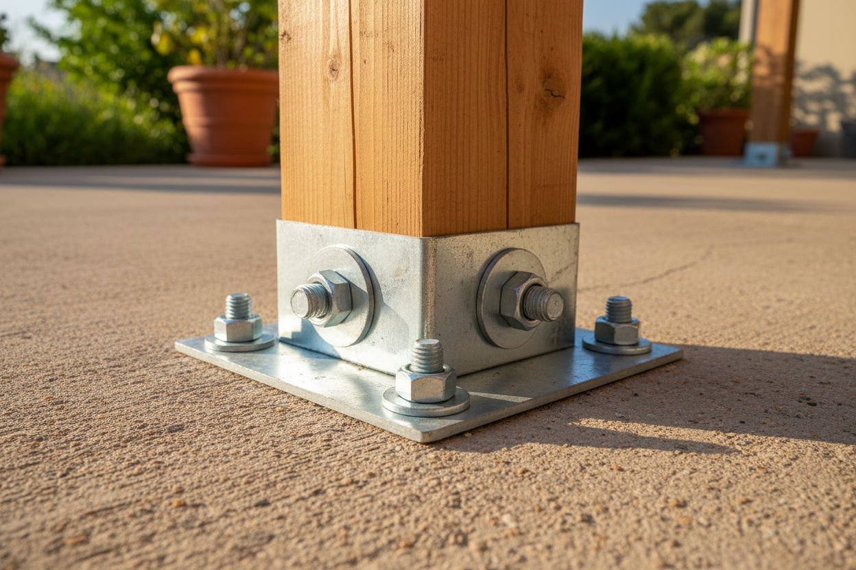 Platine métallique boulonnée fixant un poteau en bois de pergola sur une dalle béton de terrasse.