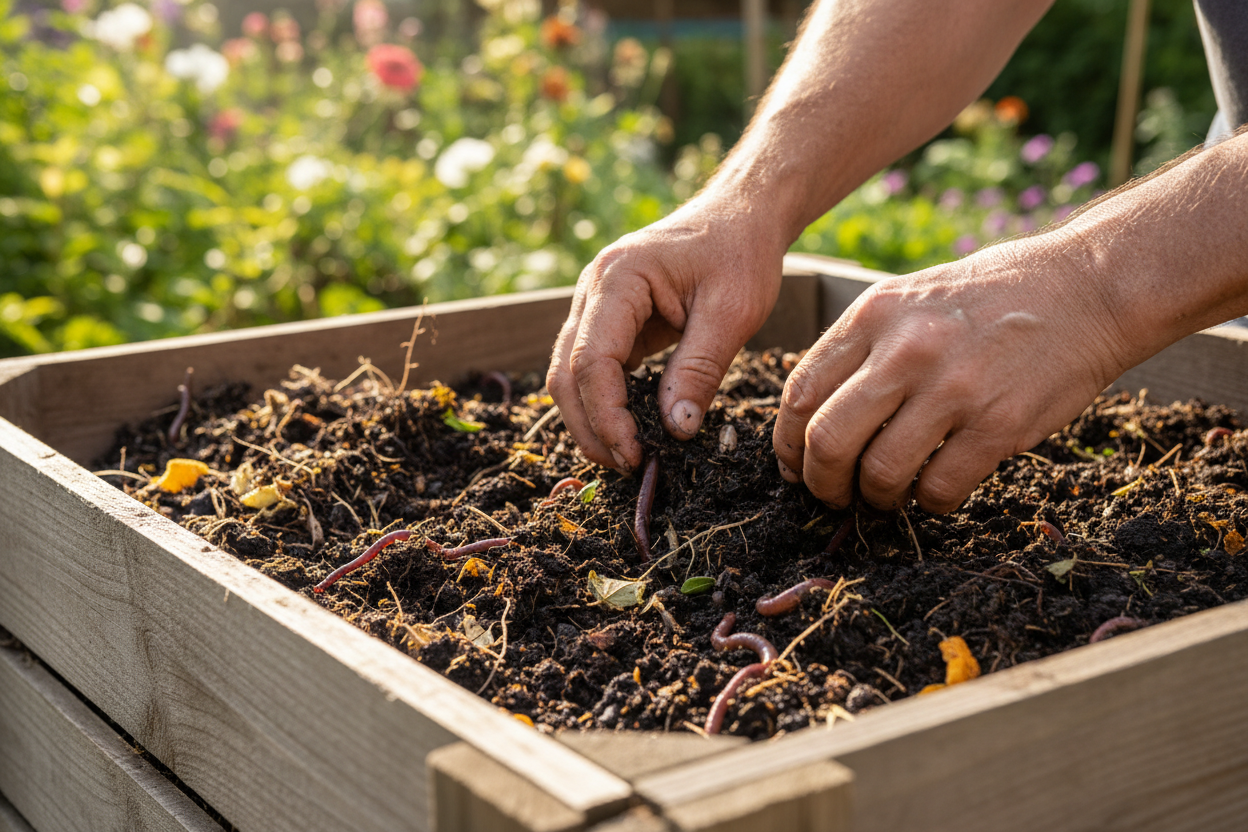 Mains retournant un compost riche en vers de terre dans un bac en bois au jardin.