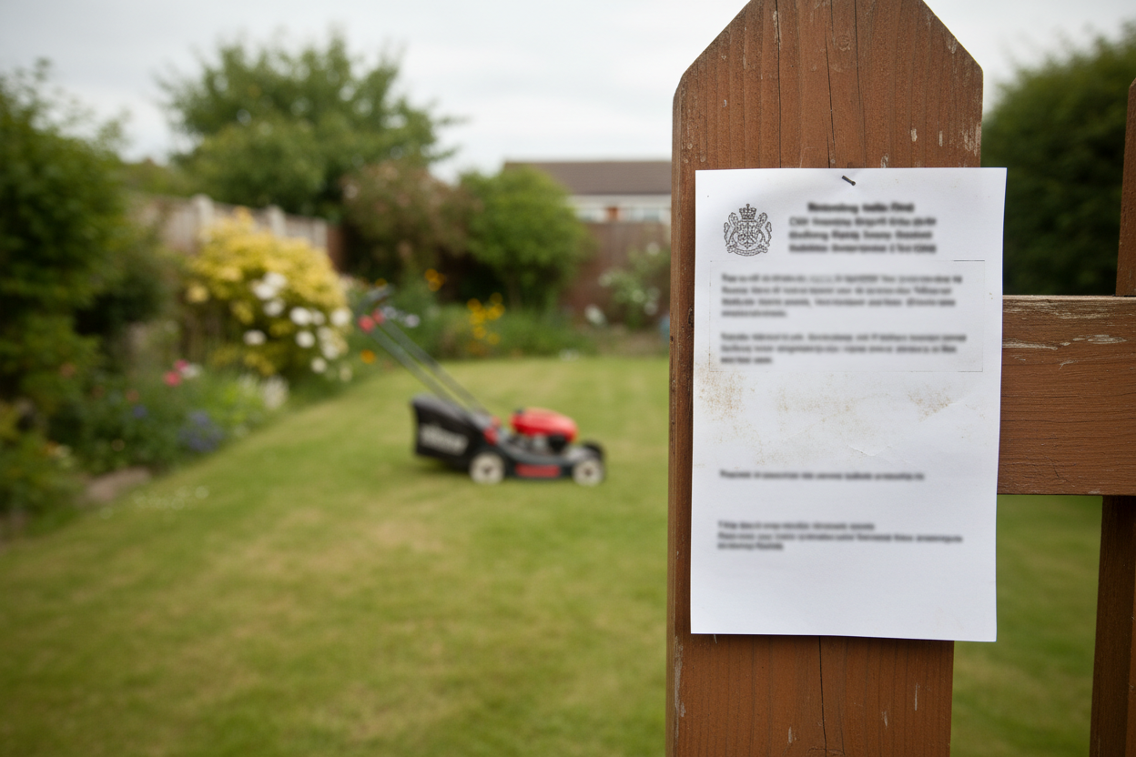 Un avis officiel de contravention affiché sur un portail de jardin avec une tondeuse visible en arrière-plan.