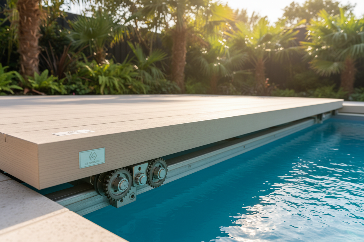 Terrasse coulissante antidérapante sur piscine enterrée, conforme aux normes de sécurité NF P90-308 en vigueur.