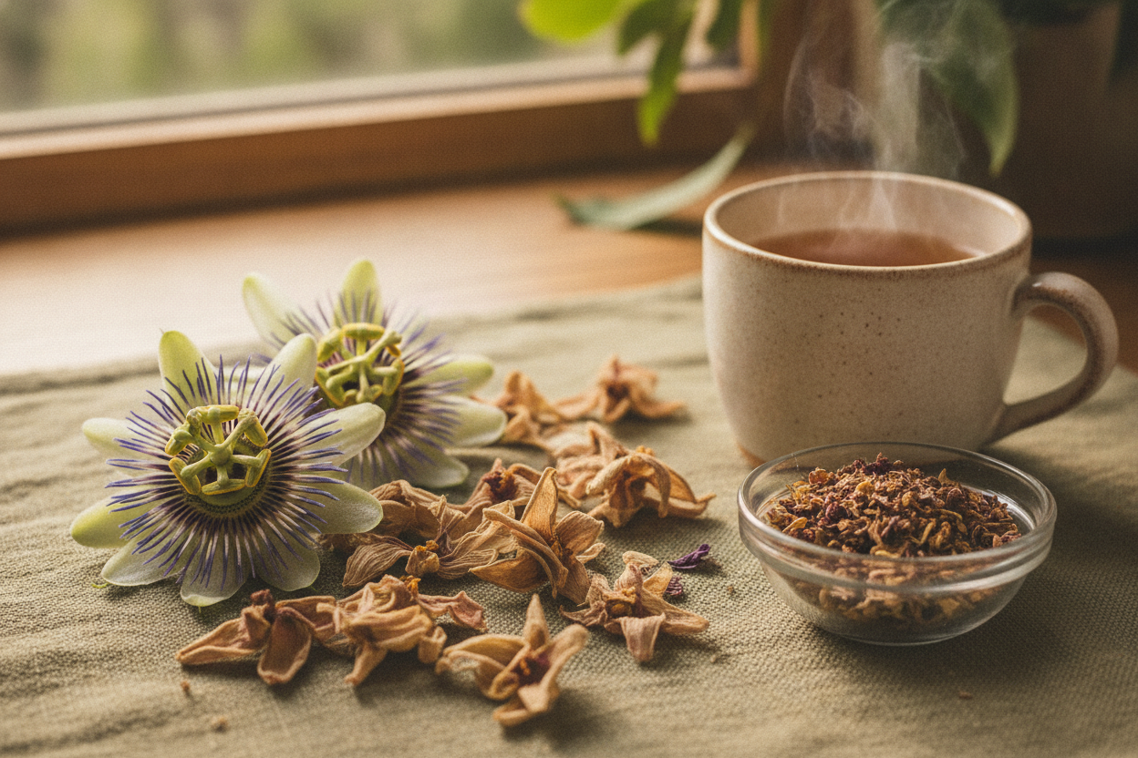 Fleurs fraîches et séchées de passiflore disposées près d'une infusion chaude apaisante sur lin naturel.