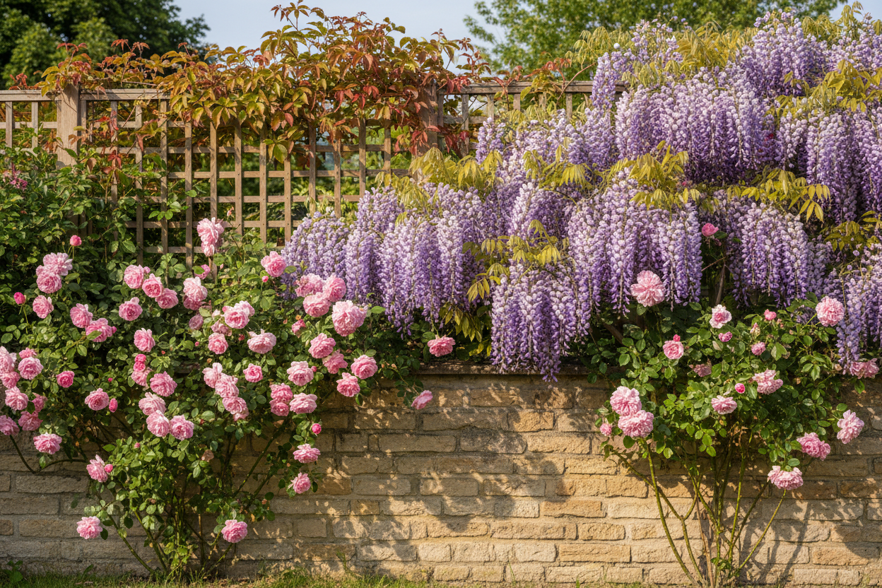 Mur exposé au sud recouvert de glycine et rosiers grimpants dans un jardin de région parisienne en été.