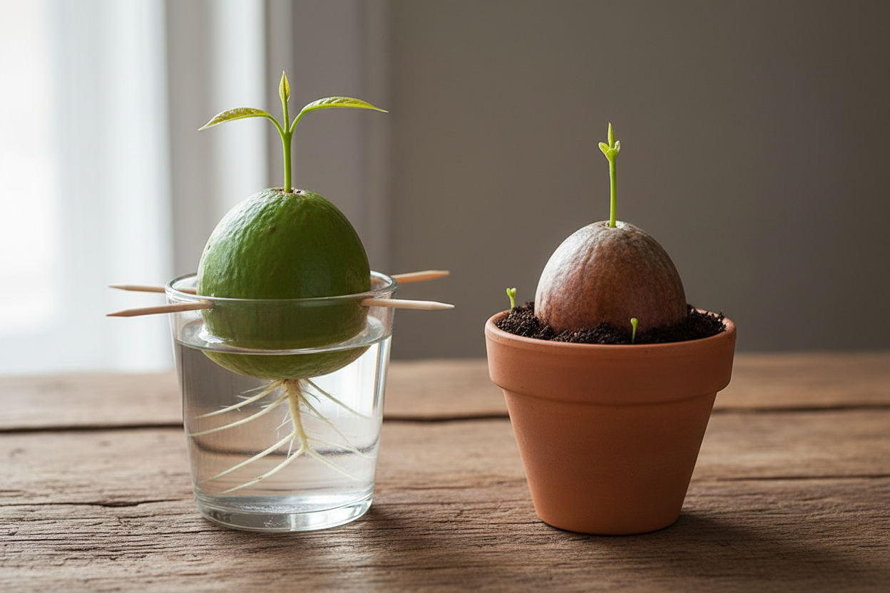 Deux noyaux d'avocat en germination, l'un dans un verre d'eau, l'autre directement planté en terre.