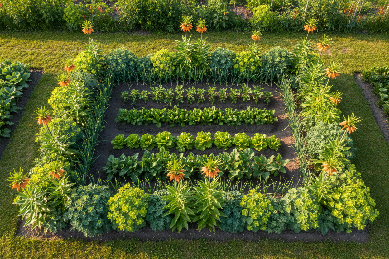Bordure de plantes répulsives entourant un potager pour protéger stratégiquement la zone des taupes.